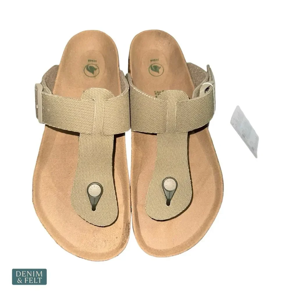 NEW Birkenstock Medina Vegan Faded Khaki Thong Sandals Rivet Logo Cork‎ Footbed